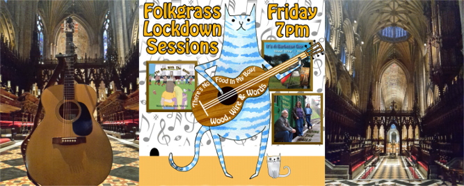 Collection of 3 photographs. Acoustic guitar in Ely Cathedral. Folkgrass Lockdown Sessions Banner. Ely Cathedral interior