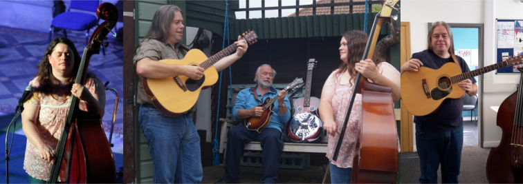 Banner picture. Clare Rozzell playing double bass and singing on stage. David and Clare rozzell toasting with tumbler glasses. David Rozzell playing acoustic guitar and singing on stage.